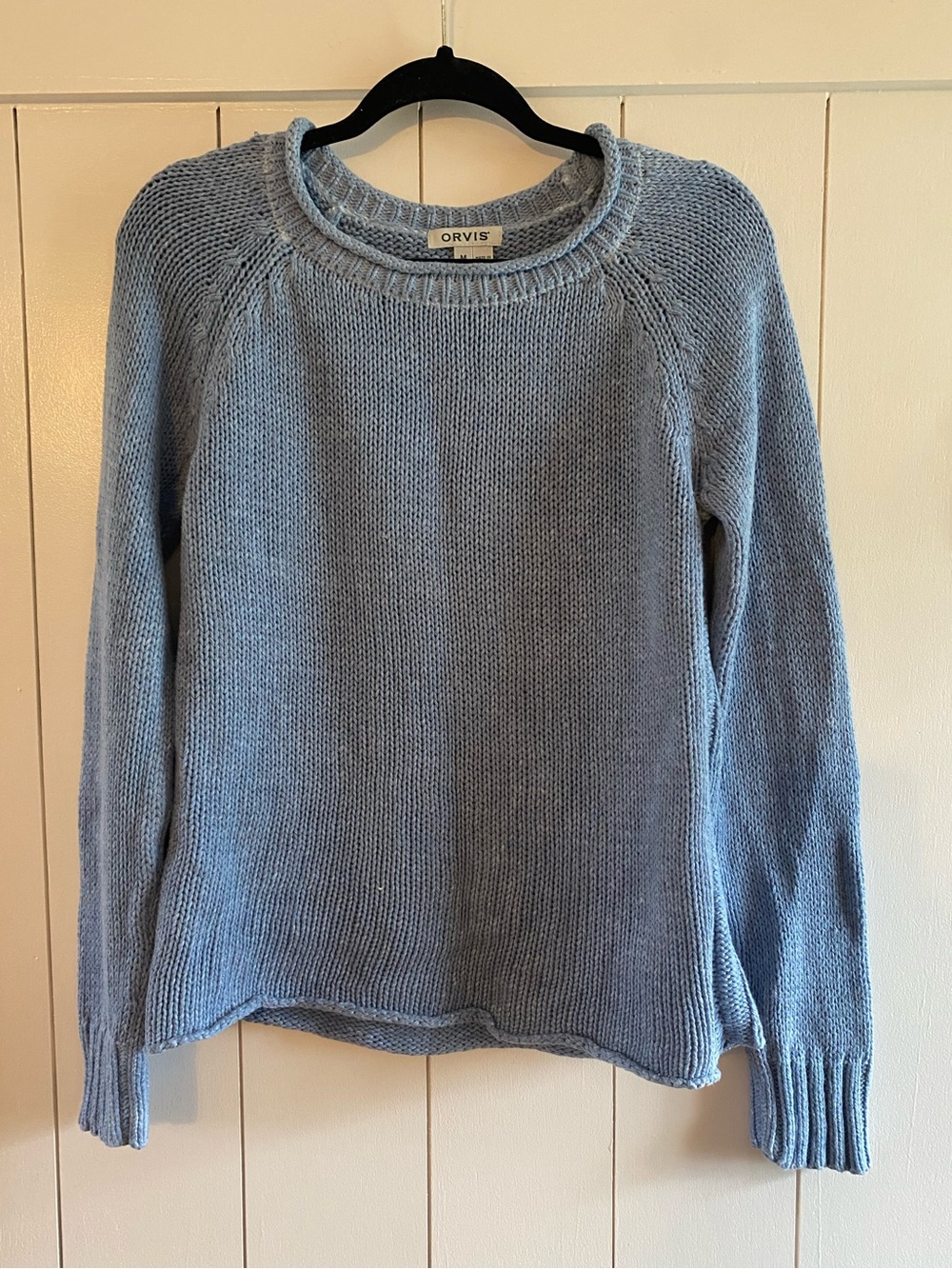 Orvis Chunky Knit Blue 100% Cotton Roll Neck Sweater